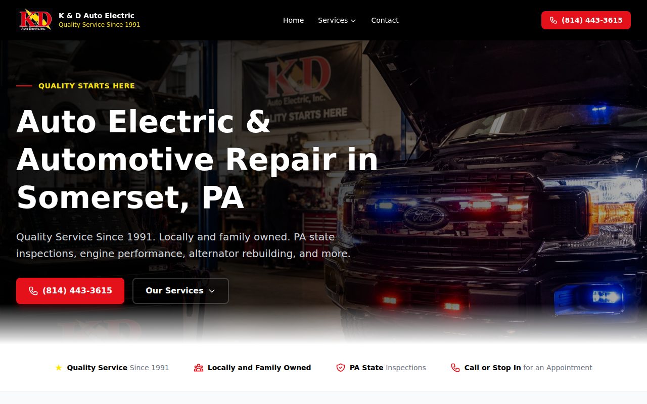 Screenshot of the K&D Auto Electric website